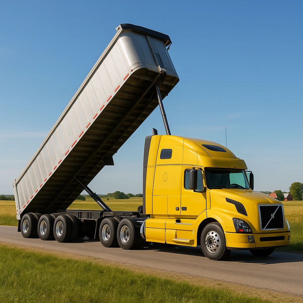 photorealistic Volvo yellow semi sleeper truck with a long silver end dump trailer, trailer raised in dumping position, side view, driving left in a realistic country landscape with open fields and distant barns, sunny day emoji