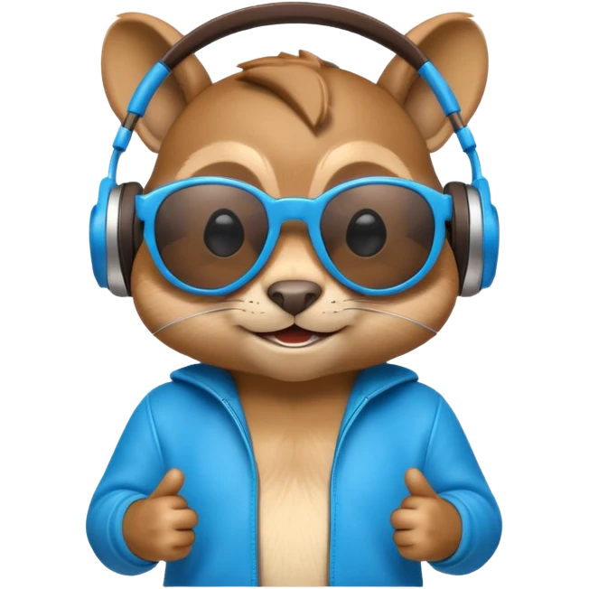 A high-detail 3D cartoon emoji of a cool chipmunk wearing oversized glowing blue DJ headphones and white retro sunglasses, expressive smirk, vibrant colors, white background, high gloss. emoji