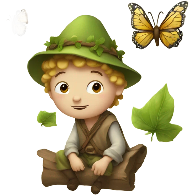 Medieval little whimsical little boy who is pale and he has a leaf hat and is riding a butterfly emoji