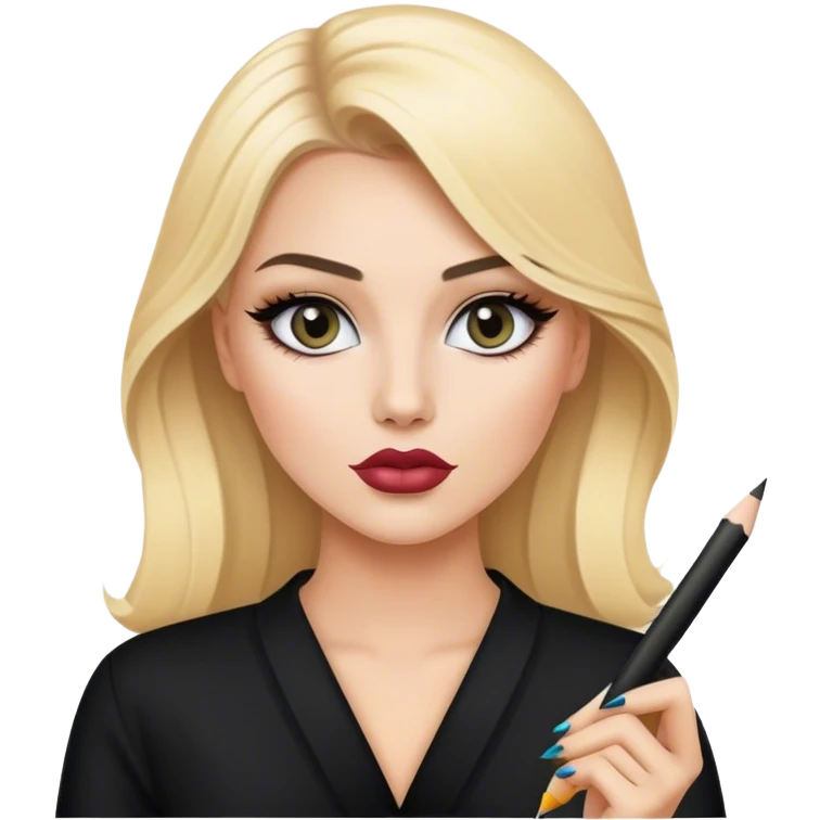 luxury blonde makeup artist model wearing black, holding pencil emoji