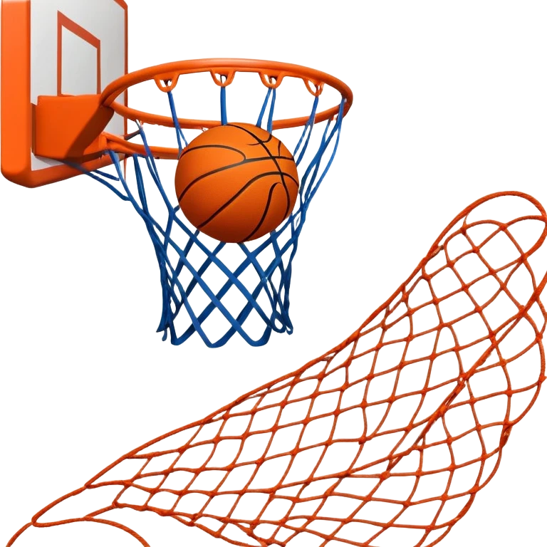 A close-up shot of a basketball soaring through the air and perfectly swishing into the basketball net. The ball is in mid-motion, with the net gently moving as the ball makes contact. The background shows a vibrant court with clear markings, capturing the excitement of a successful shot emoji