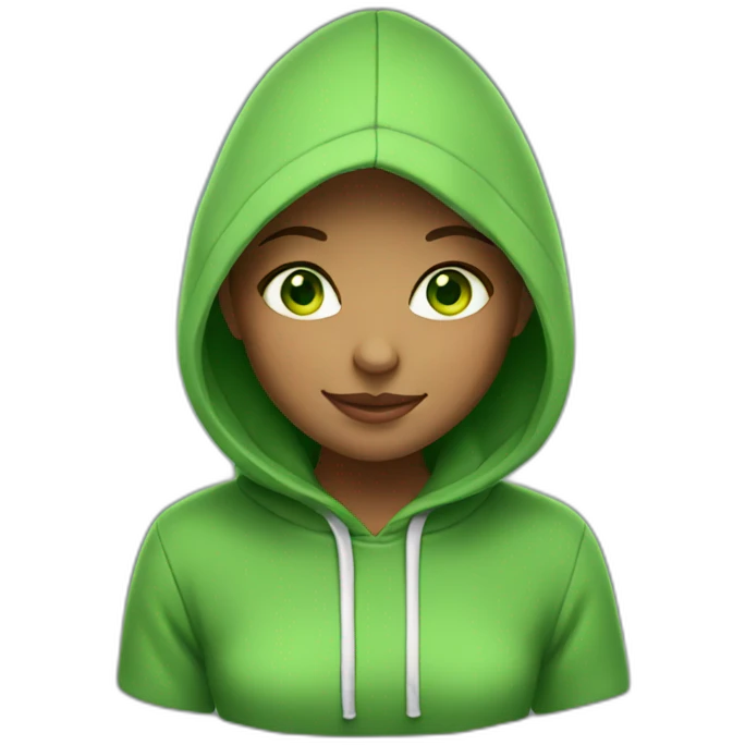 Girl with green eyes, hoodie, smiling emoji