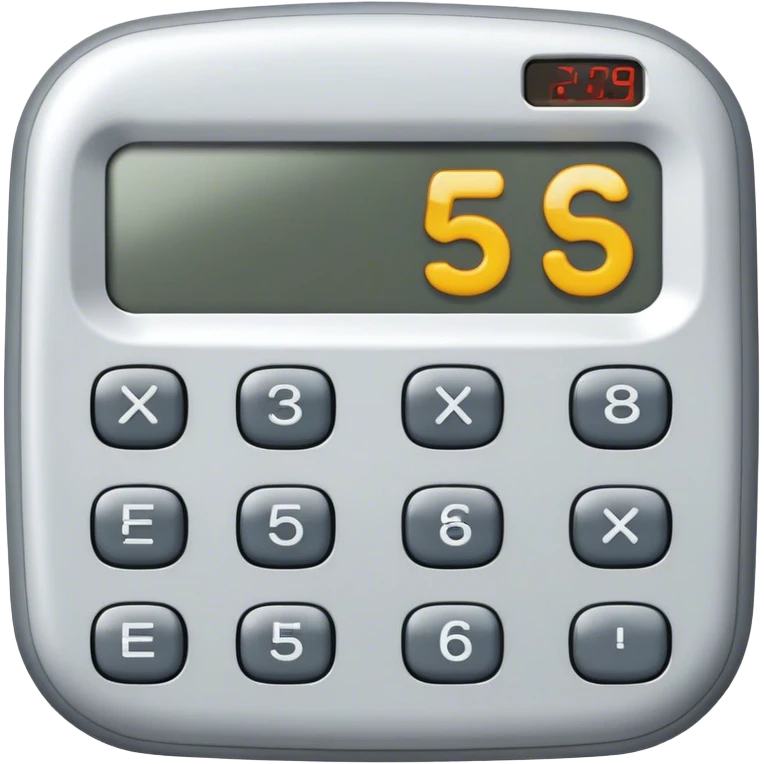 A small digital calculator with sleepy eyes, a dimly lit screen displaying “5+5=??” and a tiny sigh bubble. emoji