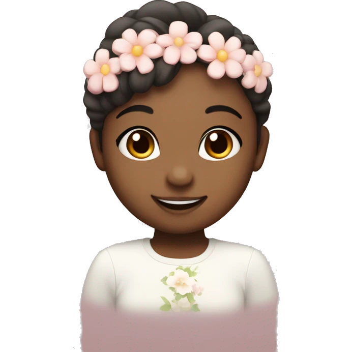 super cute face with light blush cheeks and big smile with little flower headband emoji