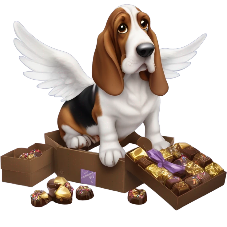 Elderly Basset hound with angel wings eating a box of chocolates emoji