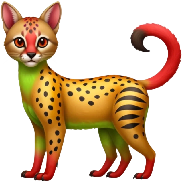 Colorful cute adorable shiny tropical exotic fruity kiwi-green lemony rosy neon-red Caracal-Cheetah-Civet-Trico-fusion-hybrid-animal-creature, full body, with tribal tattoos emoji