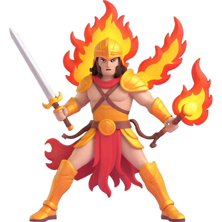 mythological warrior with a glowing weapon, surrounded by flames, intense action, inspired by Hades game emoji