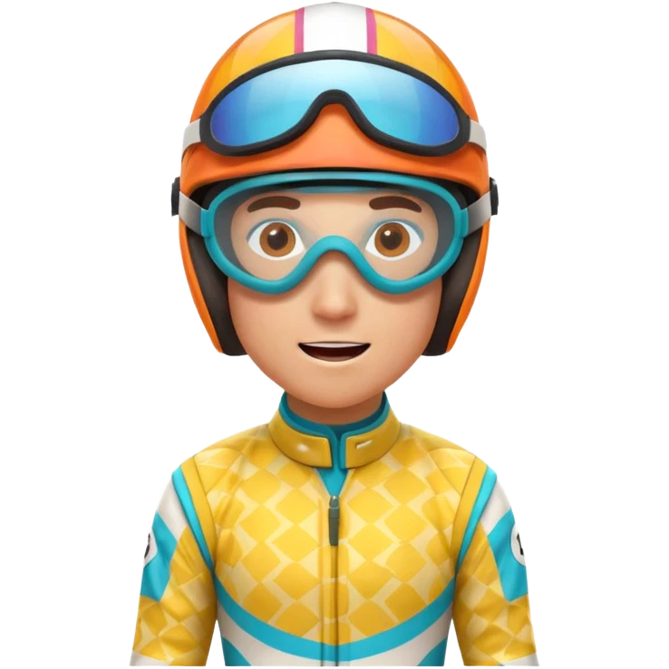 horse race jockey portrait, head and shoulders only, bright patterned racing uniform, helmet and goggles, energetic expression, 3D cartoon, mobile game icon style, clean background, no text, no watermark
 emoji