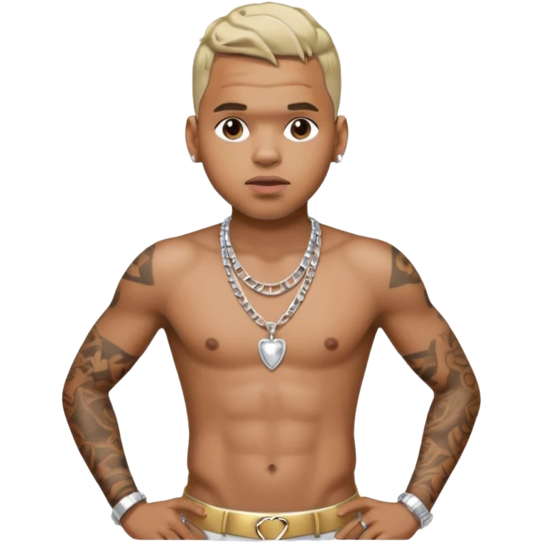 Chris Brown with silver pants, shirtless with necklace emoji