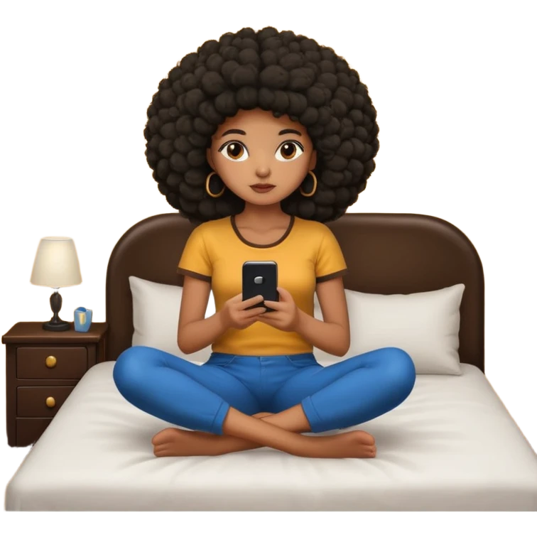 a slim thick black girl sitting on her bed with a big afro her phone emoji
