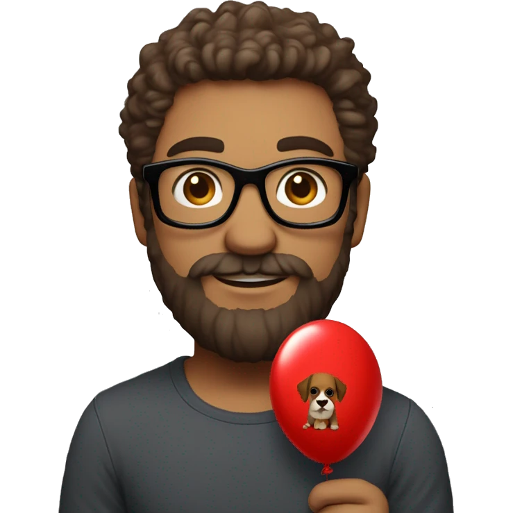 Heavy white young dad, with a big brown beard and black rectangle glasses and brown hair he’s holding a red balloon animal shaped like a dog emoji