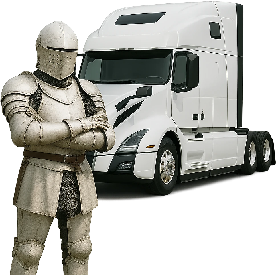 Remove the background, keep only the white knight and the 2022 white Volvo semi sleeper truck with transparent background. emoji