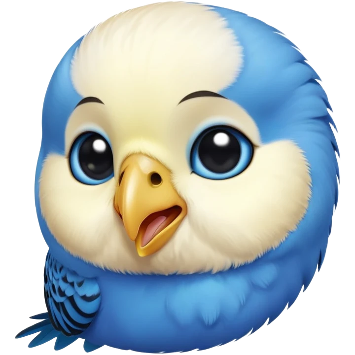 cinematic-cute-blue-budgie-portrait-emoji,-head-tilted-playfully-and-inquisitively,-featuring-a-brilliant-blue-feathered-fur-and white and black face-with-a-natural-sheen,-round,-sparkling-dark-eyes-filled-with-curiosity,-simplified-yet-irresistibly-adorable emoji