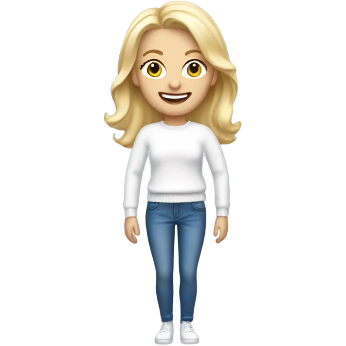 Happy white woman with blonde hair and white christmas jumper and blue jeans  emoji