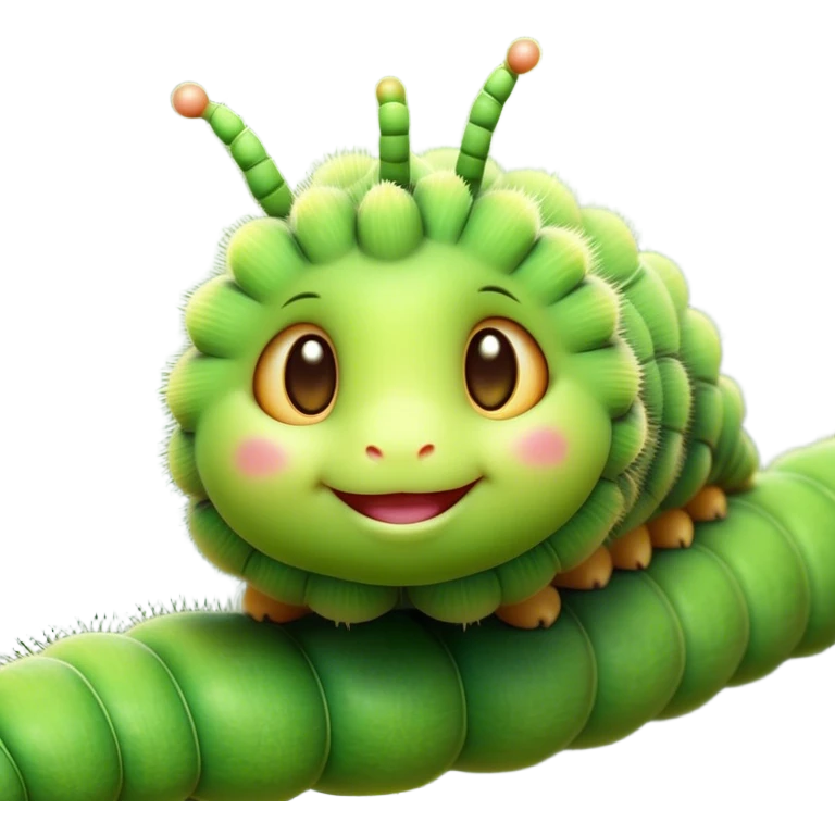 Cinematic Cute Caterpillar Portrait Emoji, Head tilted playfully and inquisitively, featuring a small, fuzzy body with rounded, plump segments, soft, endearing eyes and a charmingly wiggly movement, Simplified yet irresistibly adorable features, highly detailed, glowing with a warm, inviting green glow, high shine, affectionate and lively, stylized with a touch of whimsical woodland charm, soft glowing outline, capturing the essence of a mischievous caterpillar that seems as if it could crawl out of the screen into your arms! emoji