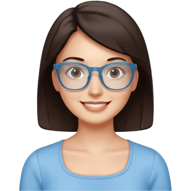 mujer de 30 años, cabello marron oscuro, anteojos cuadrados transparente, top celeste escote cuadrado, piel blanca, cara redonda emoji