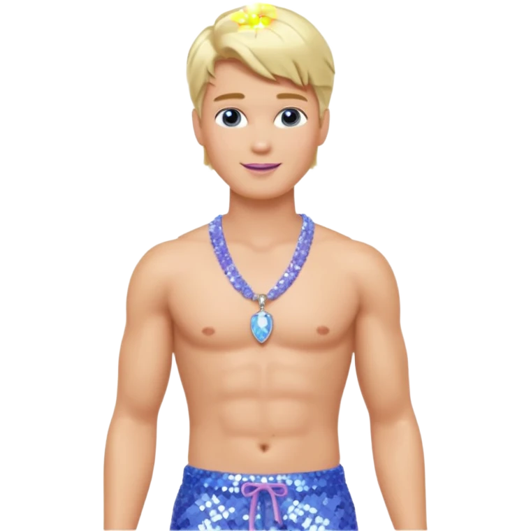 Ken from Barbie with blonde hair, perwinkle sequin baggy pants, shirtless with necklace  emoji