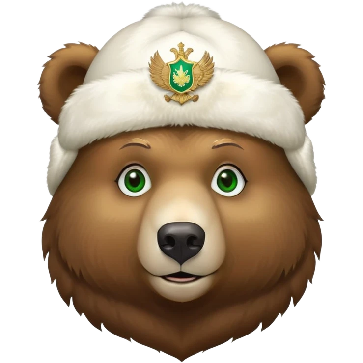 Cute Russian brown bear head with friendly expression and bright green eyes, wearing white furry ushanka hat with realistic double-headed eagle coat of arms centered emoji