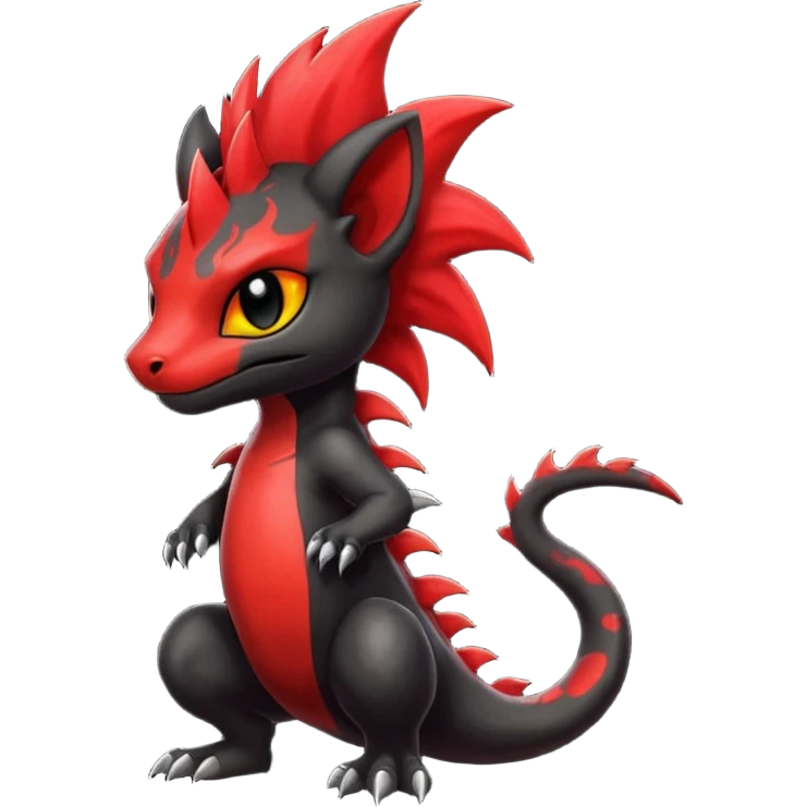 Shiny cool badass Fiery gothic evil black and red salandit-Liten-torracat with a red Mohawk  emoji