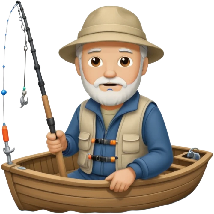 an old white haired, bearded man in fisherman attire, sat in a boat at sea, holding a fishing rod, with the end of the fishing line in the water emoji