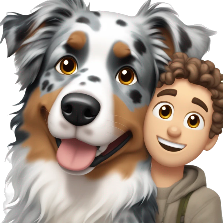 blue merle australian shepherd dog next to owner white boy brown curly hair emoji
