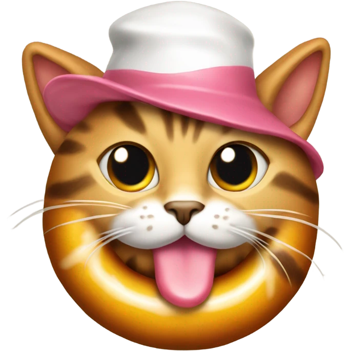A cat wearing a hotdog hat and eating a donut emoji