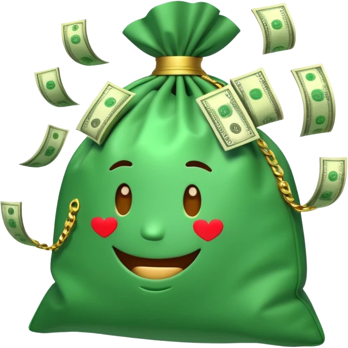 

3D emoji style, big bag of money, flying dollar bills, rich casino vibe, smooth lighting, high detail, clean edges, transparent background



 emoji