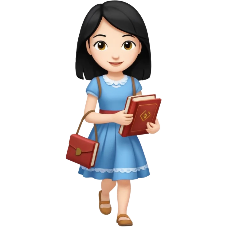girl with black hair walking with book in、 emoji