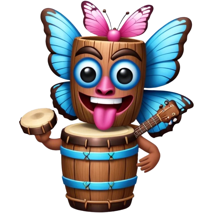 Cartoon Blue and pink tiki singing with butterfly and bongos emoji