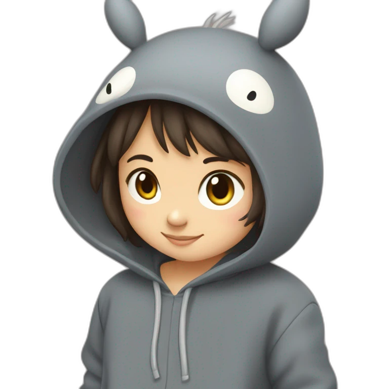 Fille Brune avec un sweat-capuche Totoro gris foncé avec les rond clair de Totoro sur ventre  emoji