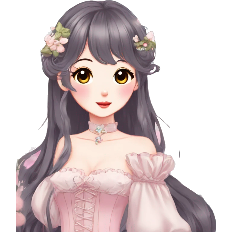 Gorgeous anime style lady with blushing face and accessories cottagecore fairycore Kawaii anime colorful pearly romantic aesthetic trending style emoji