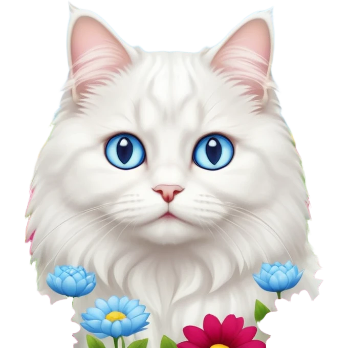 White persian male cat turkish angore with skky blue eyes standing in feed of flowers emoji