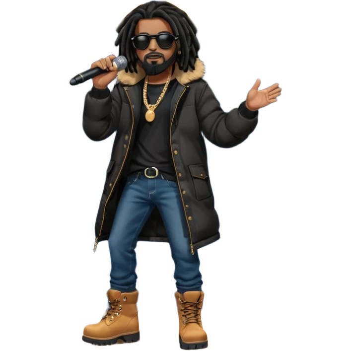 African American man with shoulder length black dreadlocks with black beard wearing dark black sunglasses wearing a black bubble coat wearing denim skinny jeans and timberland boots rapping into a microphone on stage emoji