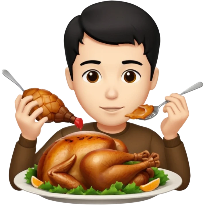 A Fatter man with black hair eating turkey emoji