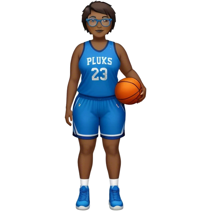 Full Body plus size white female with short dark hair with highlights spike hair wearing blue glasses basketball player wearing blue green uniform smiling emoji