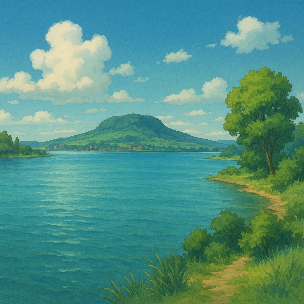 serene landscape of Lake Balaton in ghibli style emoji