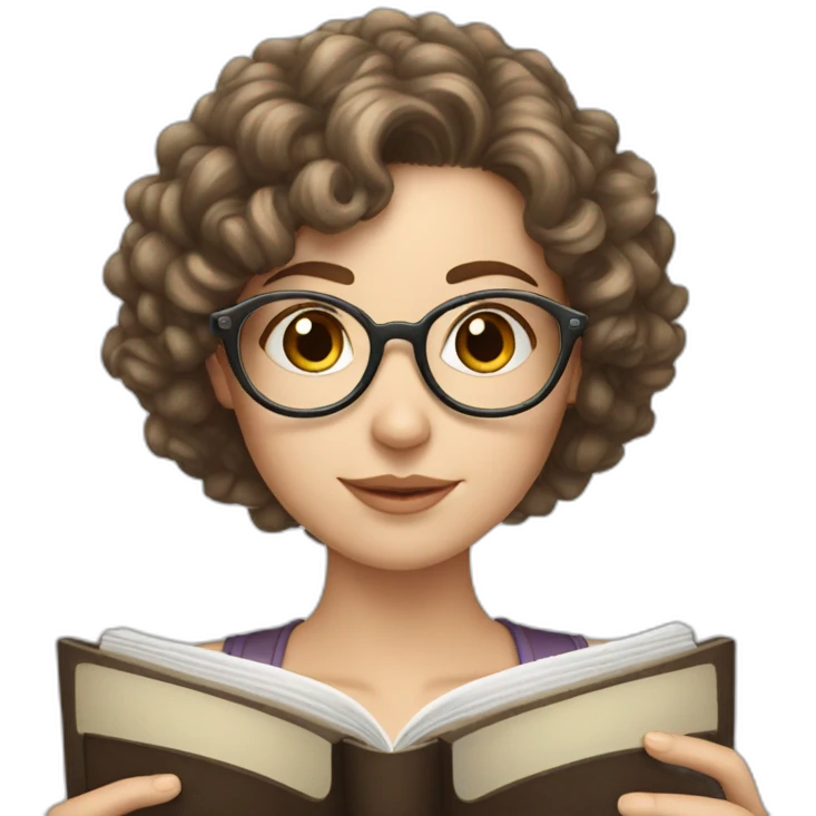 white girl with round silver glasses and really short brown curly hair reading a book emoji
