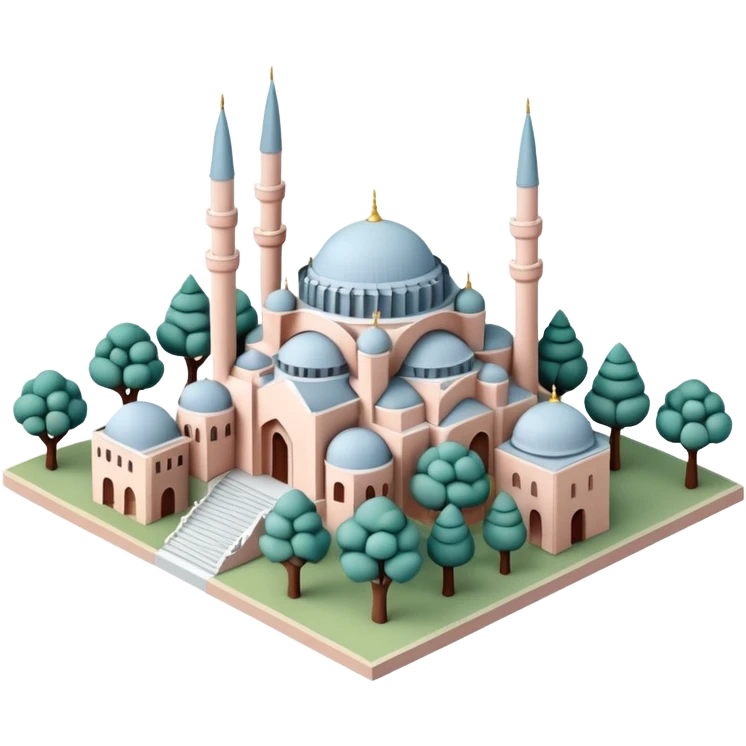 Isometric miniature of Istanbul, centered on Hagia Sophia with domes and minarets, surrounded by a few low-rise buildings and greenery, in pastel diorama style, soft shading. emoji