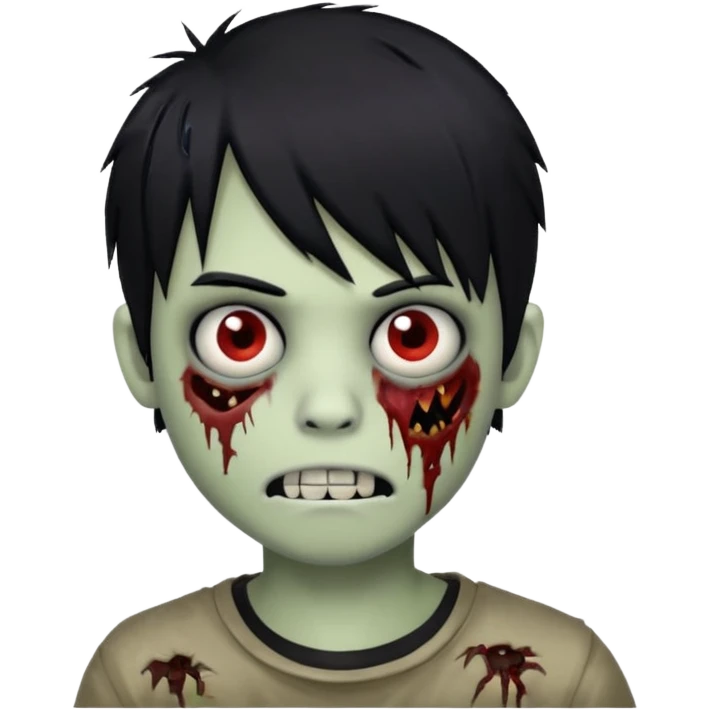 boy zombie with black hair, emo fringe, stitched mouth emoji