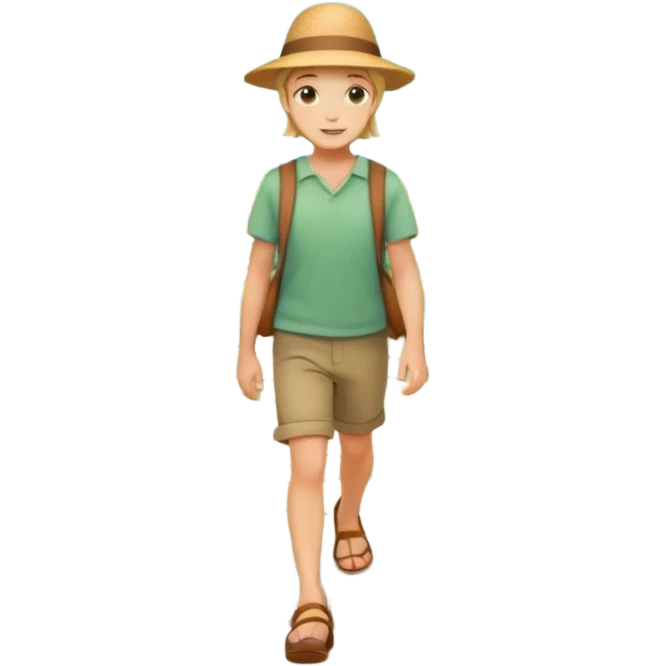 somone walking in a garden on a path with flower and trees around him emoji