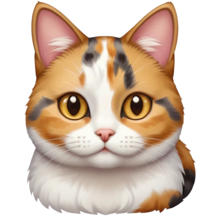 torbie and white cat with small head, hazel eyes, and short but chubby body emoji