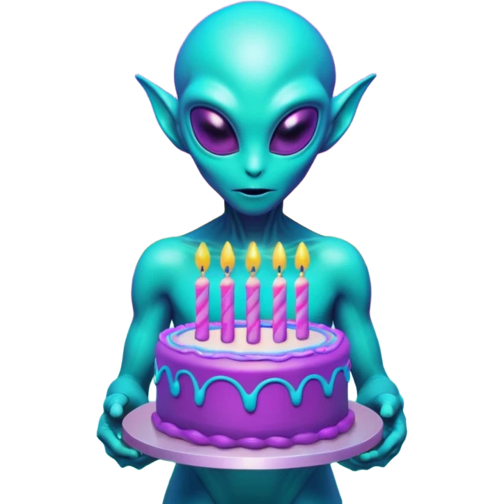 A neon-colored alien holding a holographic birthday cake, 1980s vaporwave aesthetic, grid floor, purple and cyan sunset, glitch effects, synthwave atmosphere, retro futuristic style
 emoji