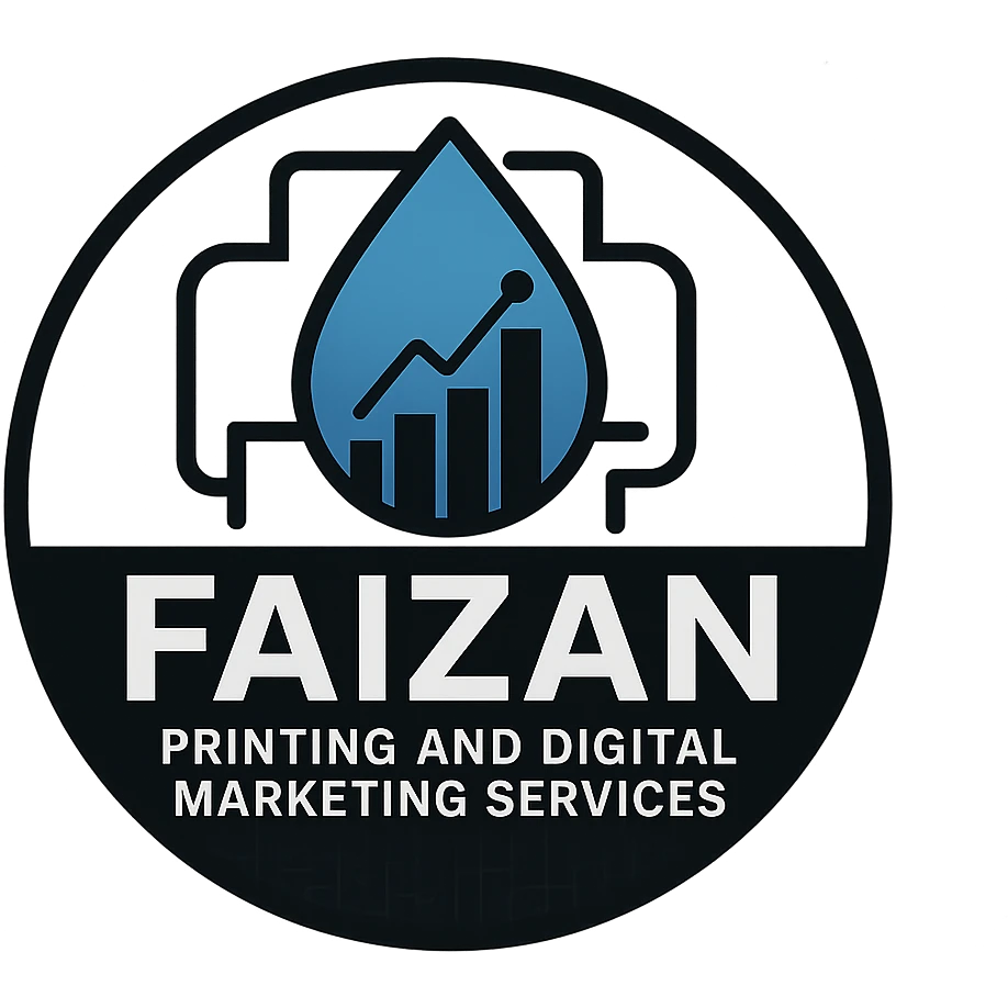 professional round logo for 'Faizan Printing and Digital Marketing Services' combining an ink drop and stylized digital graph, with printer outline subtly integrated, blue black and white color palette, bold modern typography, faint pixel or circuit pattern in background, corporate versatile design emoji