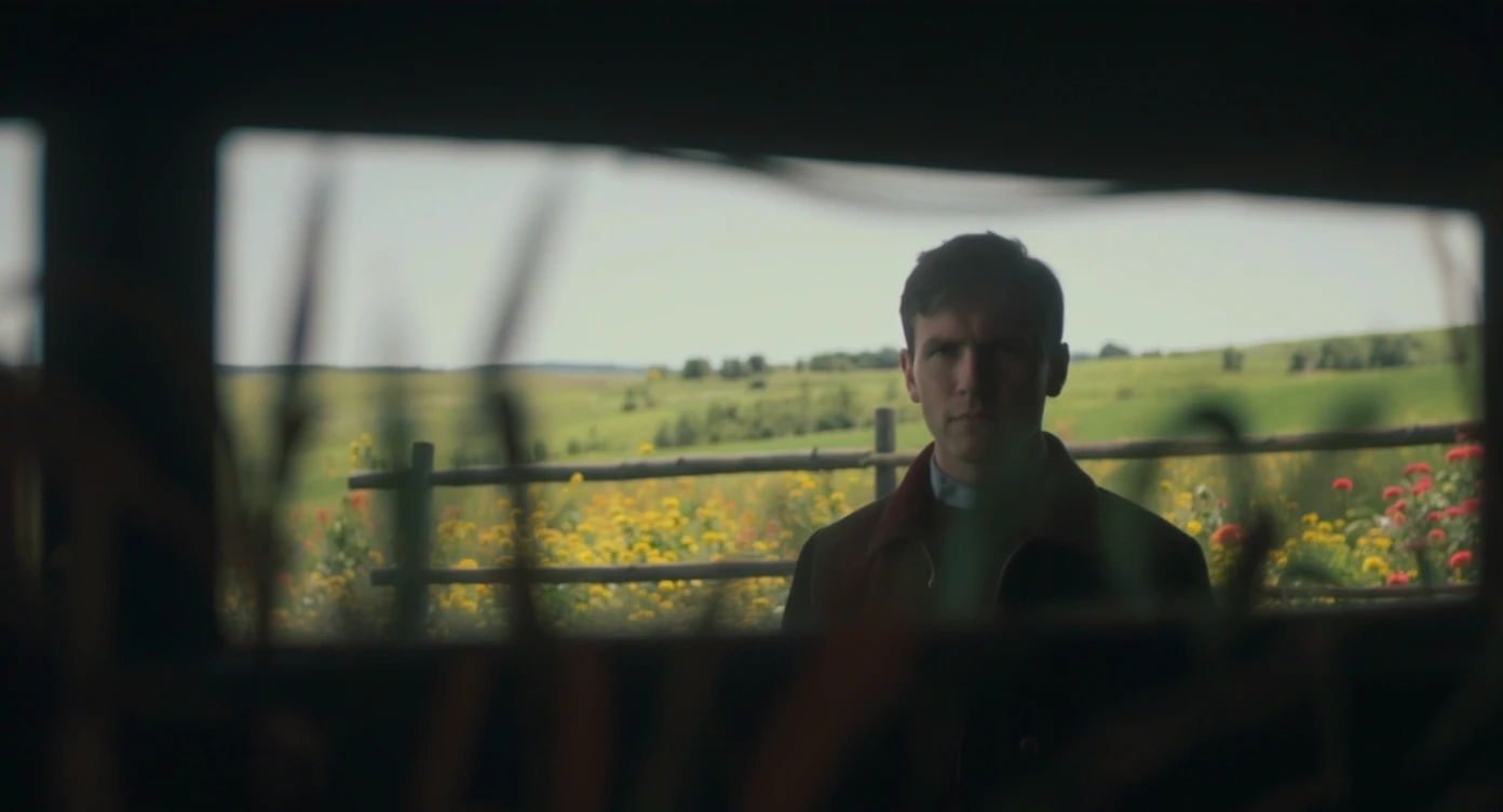 A portrait of a person in the foreground, blurred plants in the foreground (frame within a frame), a wooden fence and colorfull flowers in the midground, Poland, rolling hills in the background, cinematic depth of field, layered composition, natural lighting emoji