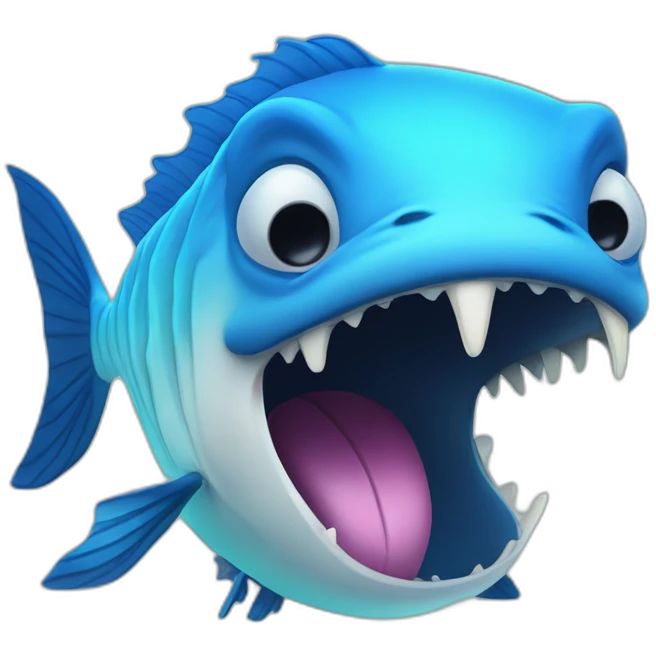 dark blue magic fat thing with a cyen face and a cyan fish fin and a open mouth and big teeth emoji