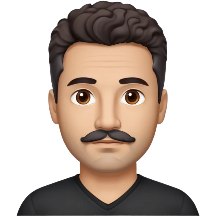 Hispanic man in his 40s with light cinnamon skin. Structured face with defined jawline. Calm brown eyes. Natural thick eyebrows. Connected mustache and chin beard (goatee) in black with a few gray hairs. Short curly dark hair. Wearing a black V-neck t-shirt. emoji