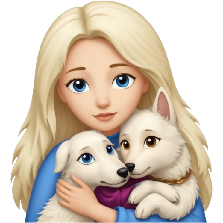 White Shepard short fur Brown eyes .the Dog ist huggin from a Long-haired blonde lady with blue eyes emoji