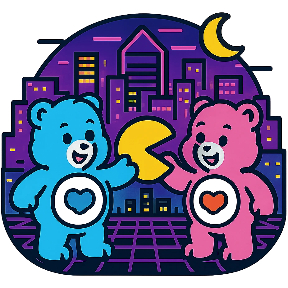 Care Bears and Pacman in a neon 80's sci-fi cityscape, vibrant colors emoji