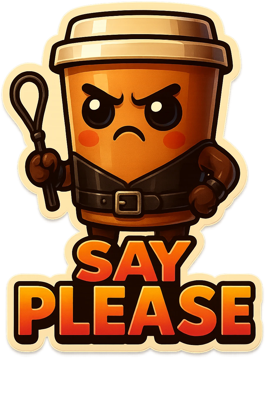 Tall coffee cup, dressed in leather holding a whipping crop, eyebrow furrowed, "big "Say Please" emoji