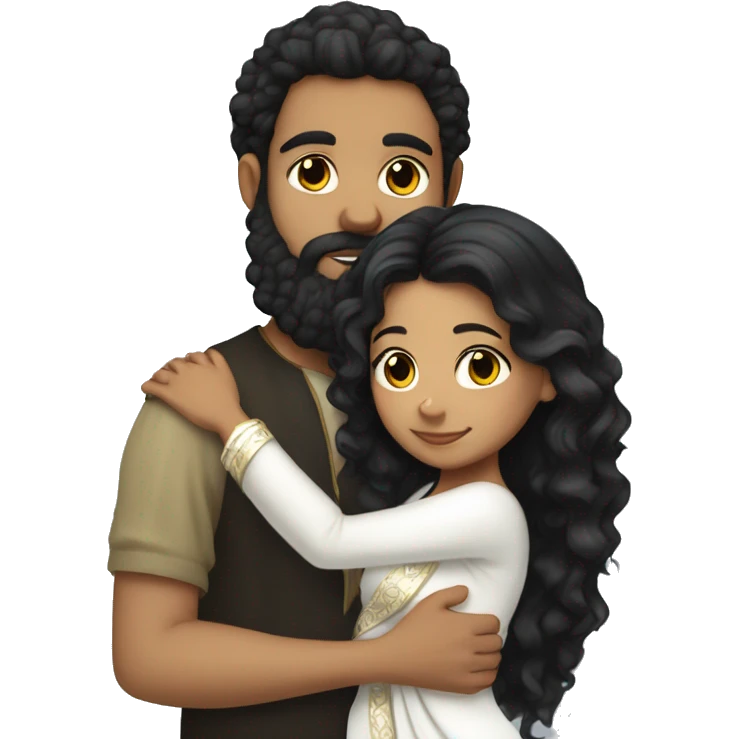 Light skin;Black long hair girl  in a white saree hugging with a man with black beard and curly hair on top emoji